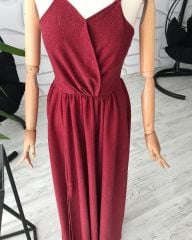 Simli Maxi boy kloş elbise - Bordo
