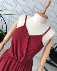 Simli Maxi boy kloş elbise - Bordo