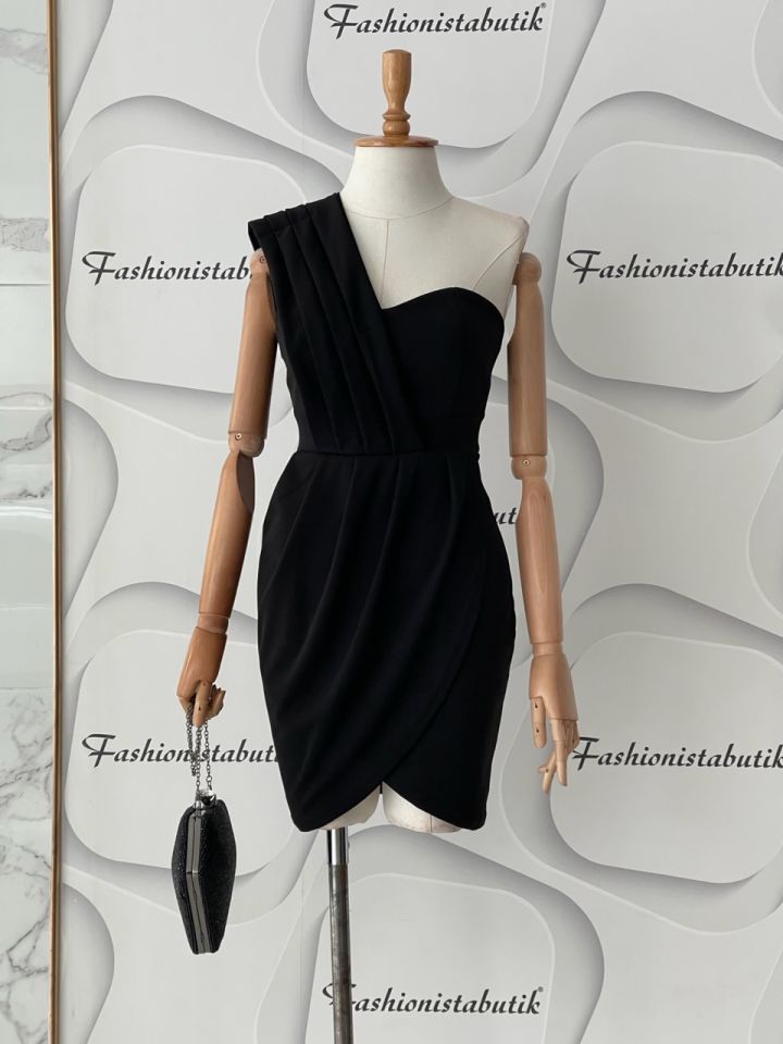 Tek omuz mini elbise - Saks