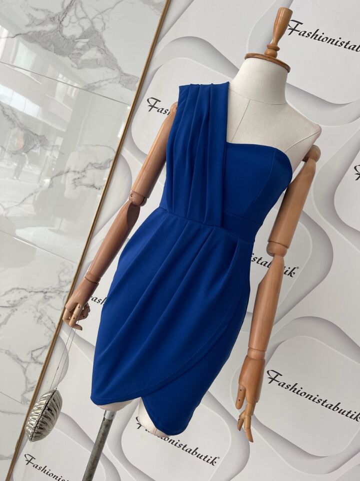 Tek omuz mini elbise - Saks