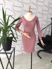 Taş detaylı omuz dekolteli elbise - Pudra