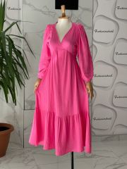 Müslin kumaş midi elbise  - Pembe