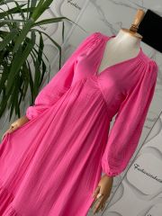 Müslin kumaş midi elbise  - Pembe