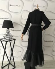 Maxi boy organze tül detay elbise - Siyah