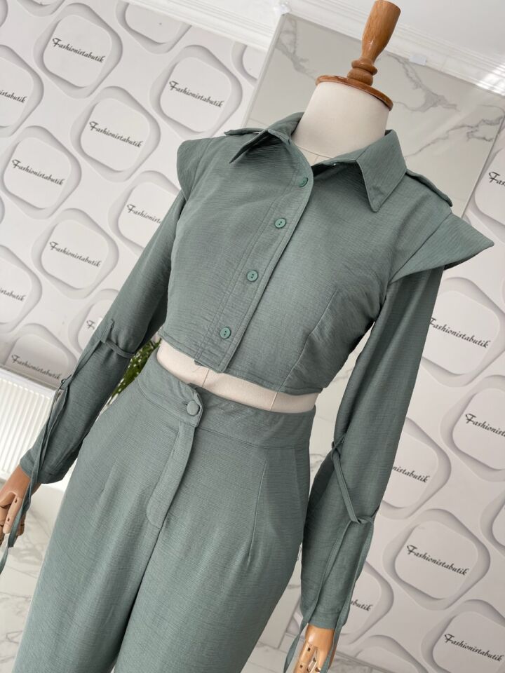 Crop Gömlek & Pantolon takım - Mint