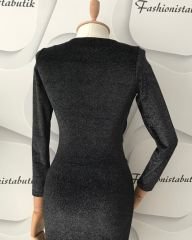 Simli kadife elbise - Siyah
