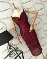 Midi degaje yaka Payet elbise - Bordo