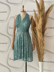 İthal drapeli pul elbise - Mint