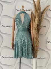 İthal drapeli pul elbise - Mint