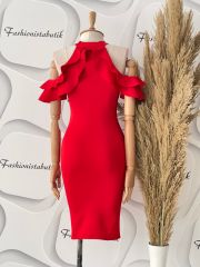 Volanlı omuz midi elbise - Kırmızı