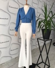 Bluz pantolon takım (indigo mavi+beyaz pantolon)