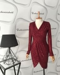 Kruvaze yaka asimetrik kesim Payet elbise - Bordo
