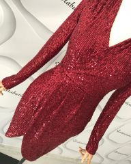 Kruvaze yaka asimetrik kesim Payet elbise - Bordo