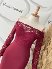 Güpür straplez volanlı midi elbise - Bordo