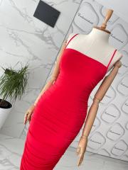 İp askılı drape midi elbise - Kırmızı