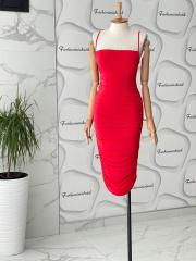 İp askılı drape midi elbise - Kırmızı