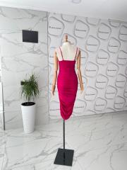 İp askılı drape midi elbise - Fuşya
