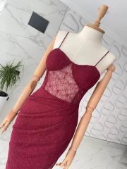 Midi dantel elbise - Bordo