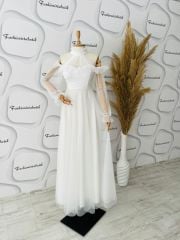 Tül drape maxi elbise - Beyaz