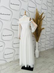 Tül drape maxi elbise - Beyaz