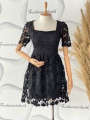 Çiçek motif full güpür elbise - Siyah
