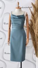 Taş askılı drape saten midi elbise - Mınt