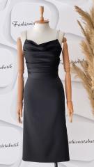 Taş askılı drape saten midi elbise - Siyah
