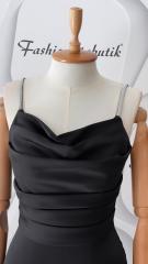 Taş askılı drape saten midi elbise - Siyah