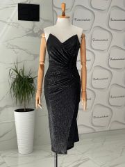 Drape detay straplez elbise - Siyah