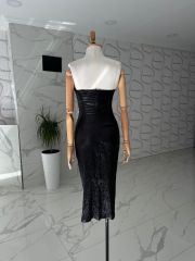 Drape detay straplez elbise - Siyah