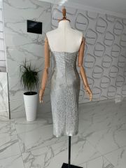 Drape detay straplez elbise - Gümüş