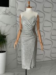 Drape detay straplez elbise - Gümüş
