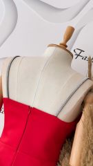 Taş askılı drape saten midi elbise - Kırmızı