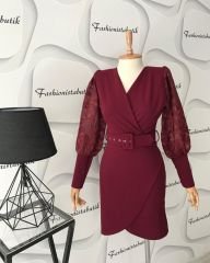Kravuze Etek kravuze yaka detay elbise - BORDO