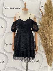 Kat etek askılı dantel elbise - Siyah