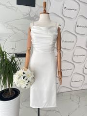 Taş askılı drape saten midi elbise - Beyaz