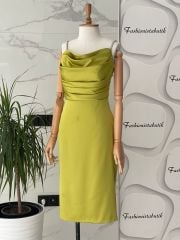 Taş askılı drape saten midi elbise - Yağ Yeşili