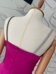 Taş askılı drape saten midi elbise - Fuşya