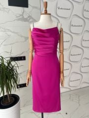 Taş askılı drape saten midi elbise - Fuşya