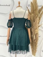 Kat etek askılı dantel elbise - Zümrüt Yeşili