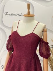 Kat etek askılı dantel elbise - Bordo