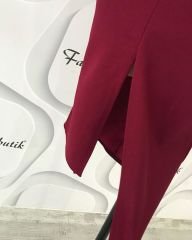 Göğüs dekolteli düğme detay midi yırtmaçlı elbise - Bordo
