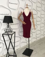 Göğüs dekolteli düğme detay midi yırtmaçlı elbise - Bordo