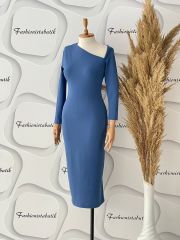 Asimetrik yaka midi elbise - Indigo