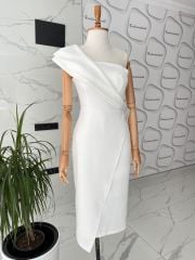 Modern yaka midi elbise - Beyaz