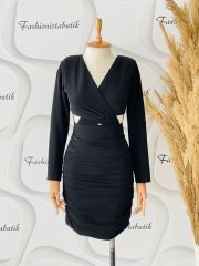 Bel dekolteli fermuarlı elbise - Siyah