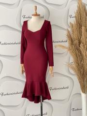 Volanlı kalp yaka elbise - Bordo