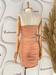 Drape taş askılı elbise - Camel