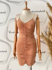 Drape taş askılı elbise - Camel