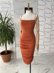 İp askılı drape midi elbise - Kiremit